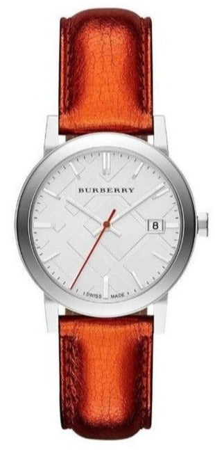 Shop Burberry The City Silver Dial Orange Leather Strap Watch for Women - BU9121 in USA