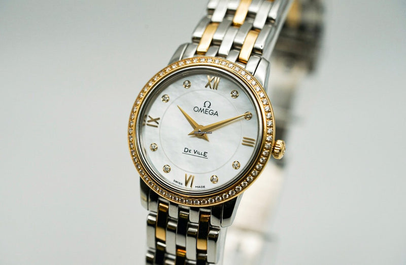 Shop Omega De Ville Prestige Quartz Diamonds Mother of Pearl Dial Two Tone Steel Strap Watch for Women - 424.25.27.60.55.001 in USA