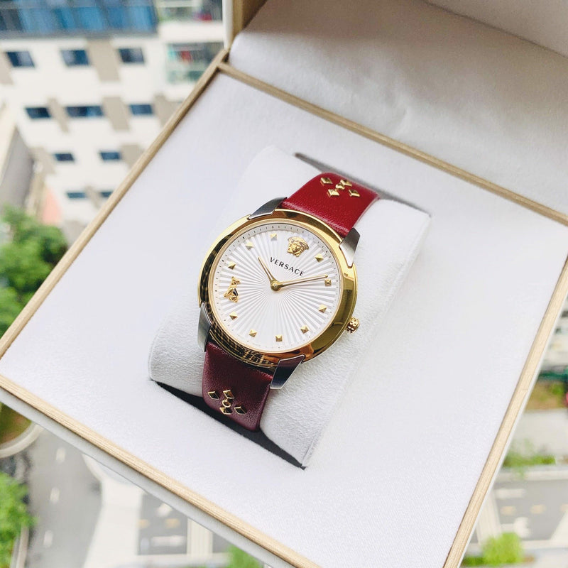 Versace Audrey Quartz Silver Dial Red Leather Strap Watch for Women - VELR00219 Buy Now By Versace