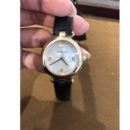 Shop Gucci Diamantissima Mother of Pearl Dial Black Leather Strap Watch For Women - YA141505 in USA
