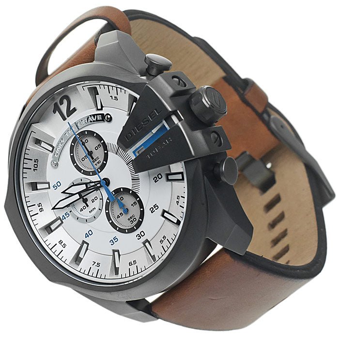 Shop Diesel Mega Chief White Dial Brown Leather Strap Watch For Men - DZ4280 in USA