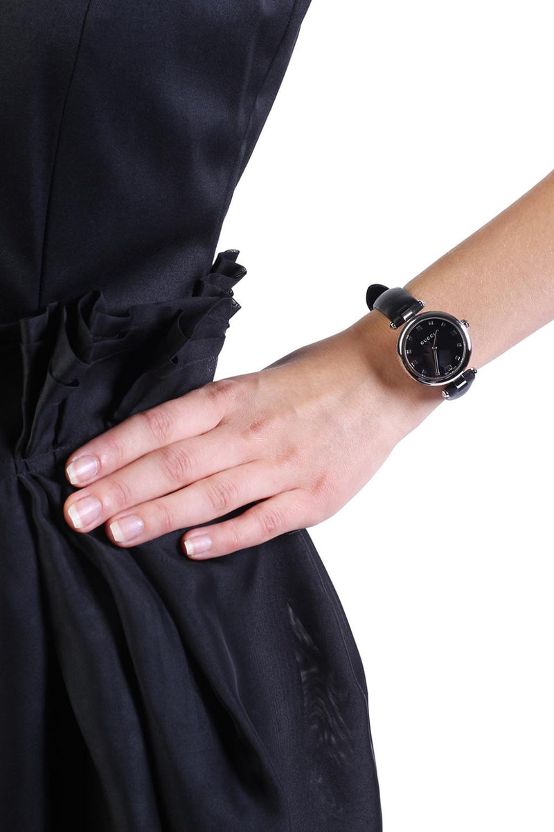 Shop Gucci Diamantissima Diamonds Black Dial Black Leather Strap Watch For Women - YA141403 in USA