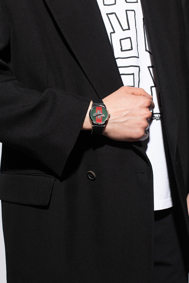 Shop Gucci G Timeless Quartz Green & Red Dial Black Leather Strap Watch For Men - YA1264149 in USA