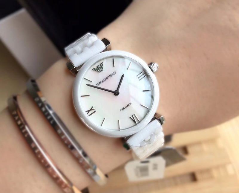 Emporio Armani Giannti T Bar Quartz Mother of Pearl Dial White Steel Strap Watch For Women - AR1485 Buy Now By Emporio Armani