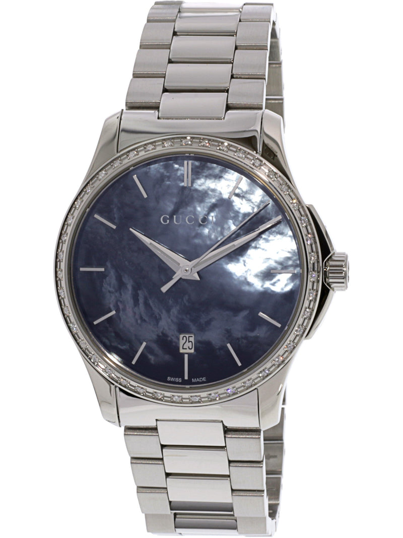 Shop Gucci G Timeless Diamonds Mother of Pearl Blue Dial Silver Steel Strap Unisex Watch - YA126458 in USA
