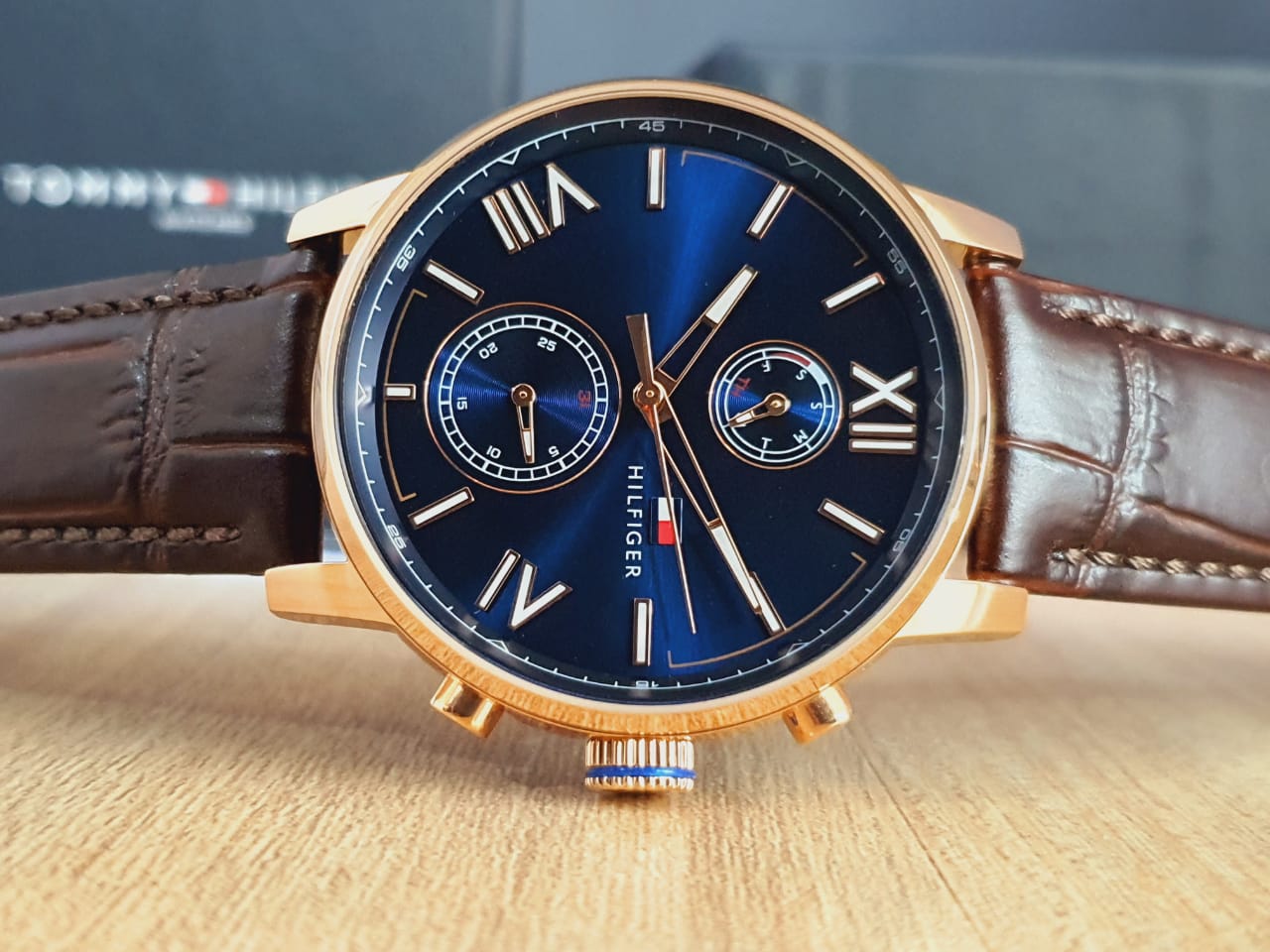 Tommy Hilfiger Aiden Quartz Blue Dial Brown Leather Strap Watch for Men - 1791308