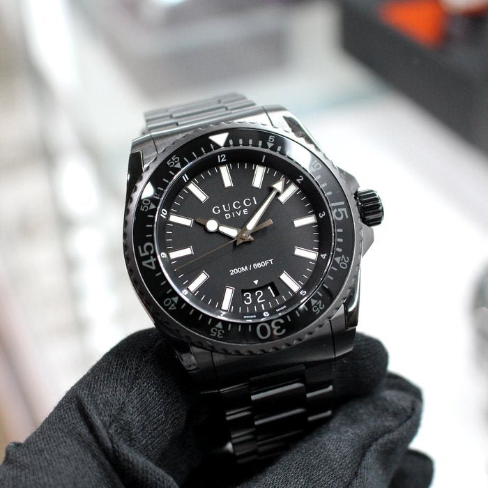 Shop Gucci Dive Quartz Black Dial Black Steel Strap Watch For Men - YA136205 in USA