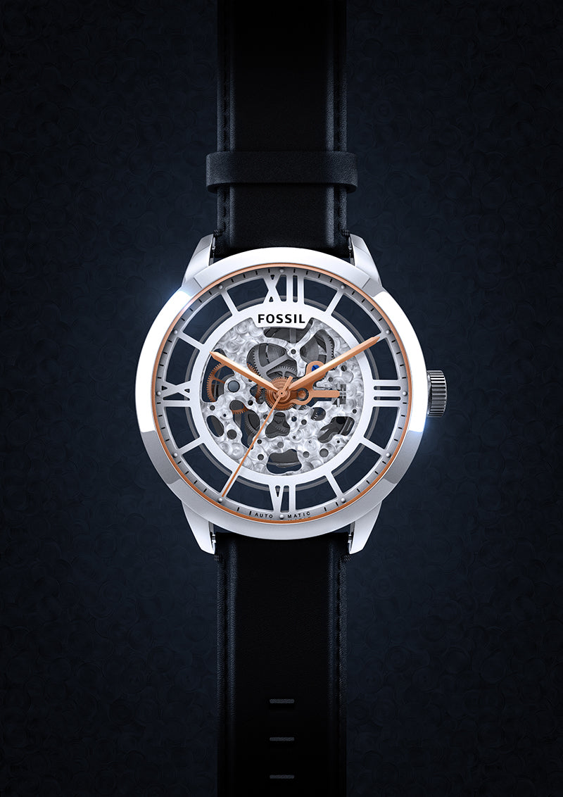Fossil Townsman Automatic Skeleton Silver Dial Black Leather Strap Watch for Men - ME3041 Buy Now By Fossil