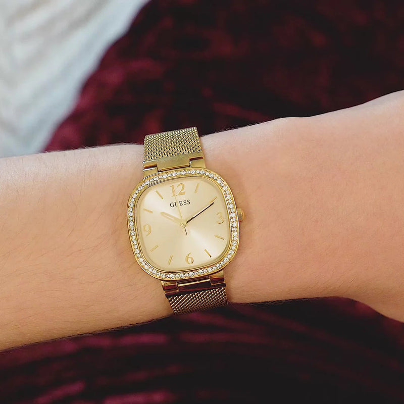 Guess Tapestry Diamonds Gold Dial Gold Mesh Bracelet Watch for Women - GW0354L2 Buy Now By Guess