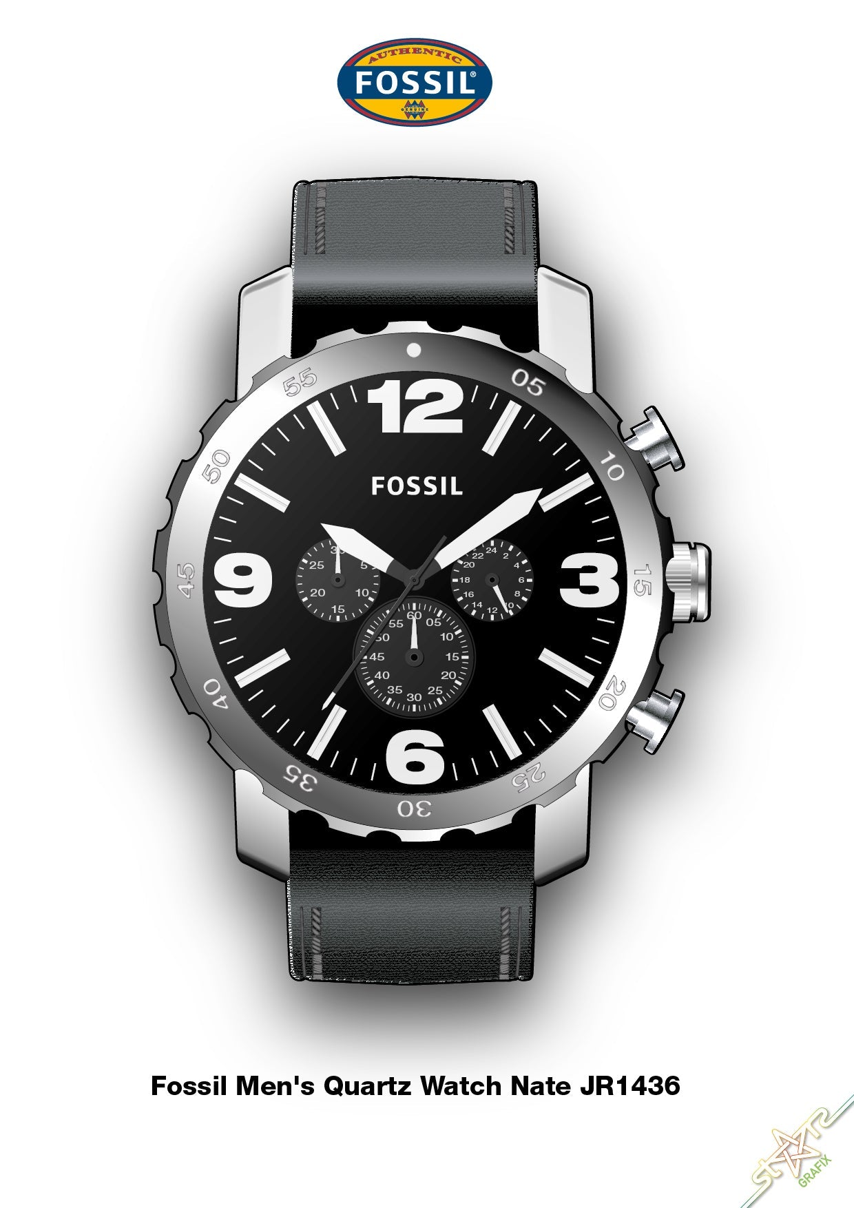 Fossil Nate Chronograph Black Dial Black Leather Strap Watch for Men - JR1436
