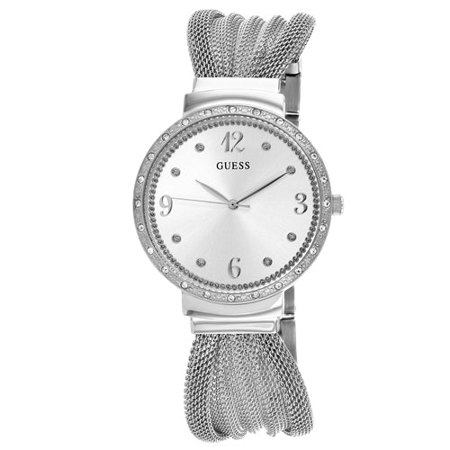 Shop Guess Chiffon Silver Dial Silver Mesh Bracelet Watch For Women - W1083L1 in USA