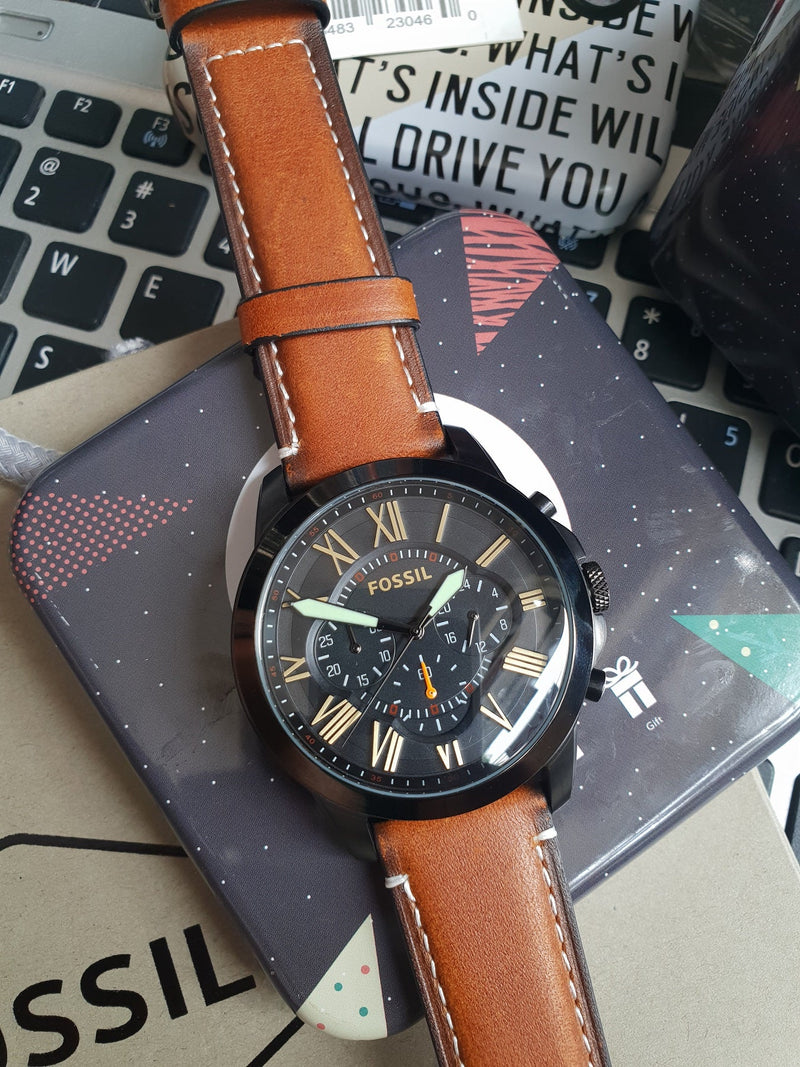 Fossil Grant Chronograph Black Dial Brown Leather Strap Watch for Men - FS5241