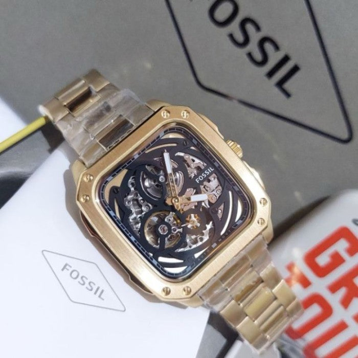 Fossil Inscription Automatic Skeleton Black Dial Gold Steel Strap Watch for Men - BQ2573 Buy Now By Fossil