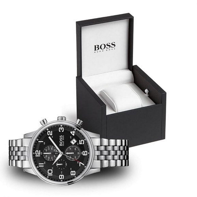 Hugo Boss Aeroliner Chronograph Quartz Black Dial Silver Steel Strap Watch For Men - HB1512446 Buy Now By Hugo Boss