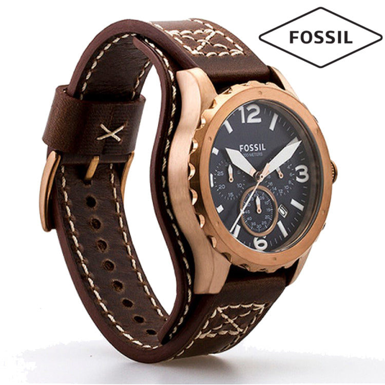 Shop Fossil Nate Chronograph Blue Dial Brown Leather Strap Watch for Men - JR1505 in USA