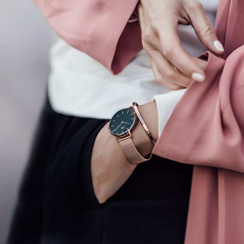 Daniel Wellington Classic Melrose Black Dial Rose Gold Mesh Bracelet Watch For Women - DW00100161 Buy Now By Daniel Wellington