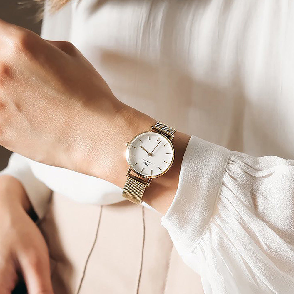 Daniel Wellington Classic Petite White Dial Gold Mesh Bracelet Watch For Women - DW00100348