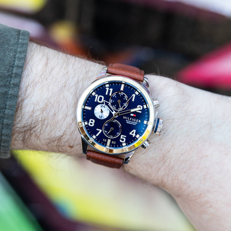 Shop Tommy Hilfiger Sport Multifunction Blue Dial Brown Leather Strap Watch for Men - 1791137 in USA
