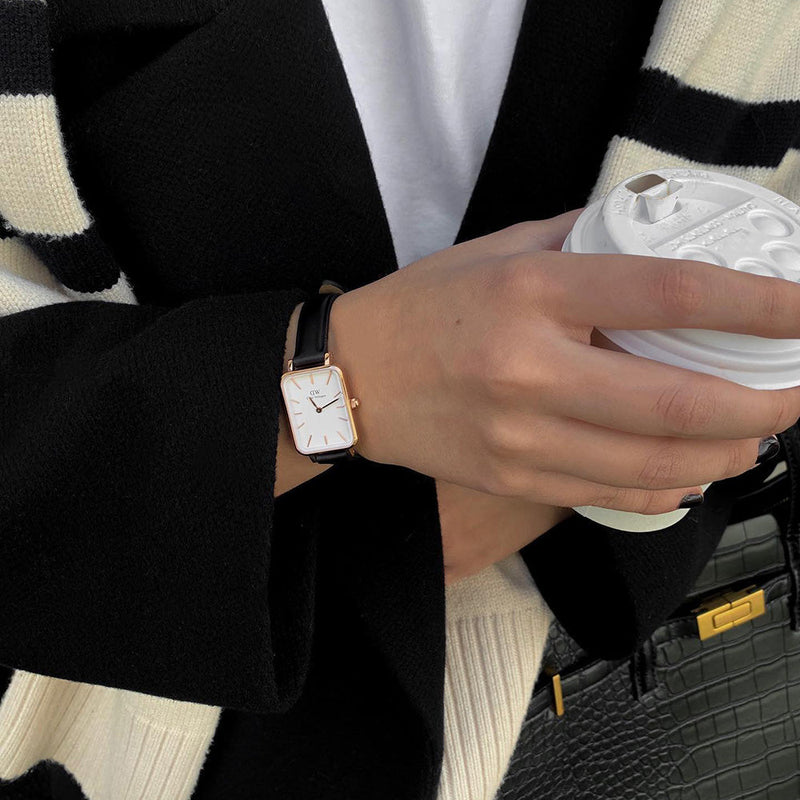 Shop Daniel Wellington Quadro White Dial Black Leather Strap Watch For Women - DW00100434 in USA