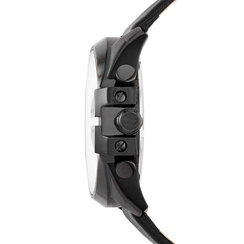 Shop Diesel Mega Chief Black Dial Black Leather Strap Watch For Men - DZ4323 in USA