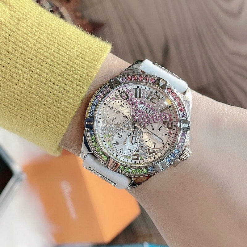 Guess Frontier Diamonds Silver Dial White Rubber Strap Watch for Women - GW0045L1 Buy Now By Guess