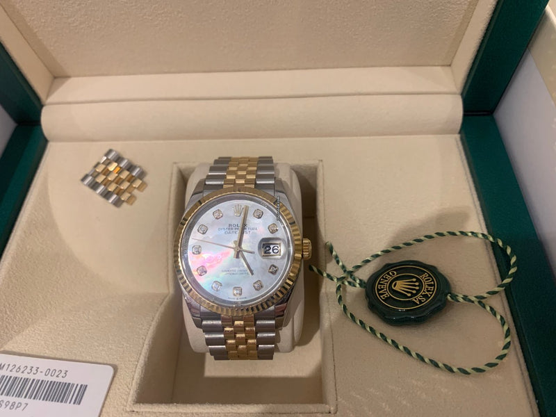 Shop Rolex Datejust Oyster 36 Diamonds Silver Dial Two Tone Oystersteel Yellow Gold Strap Watch for Women - M126233-0023 in USA