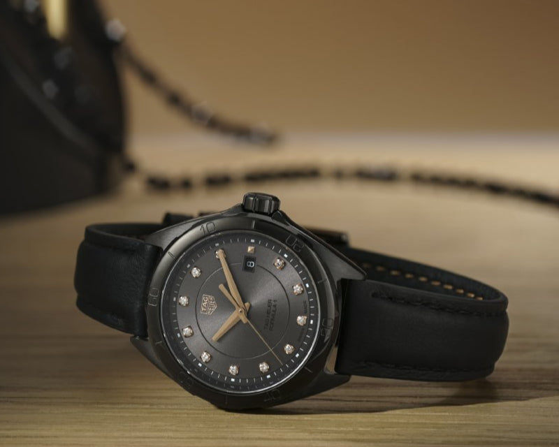 Shop Tag Heuer Formula 1 Diamonds Black Dial Black Leather Strap Watch for Women - WBJ1417.FC8234 in USA