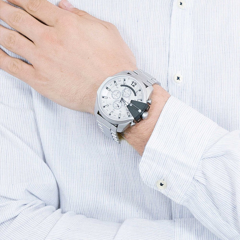 Diesel Mega Chief Chronograph Silver Dial Silver Steel Strap Watch For Men - DZ4501 Buy Now By Diesel