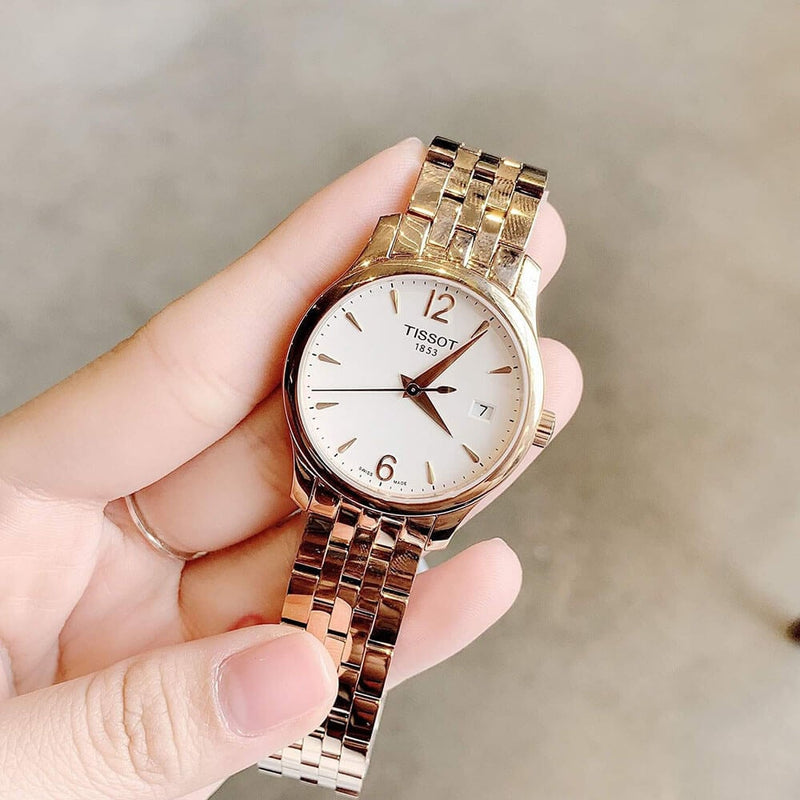 Tissot T Classic Tradition Lady White Dial Rose Gold Steel Strap Watch for Women - T063.210.33.037.00 Buy Now By Tissot