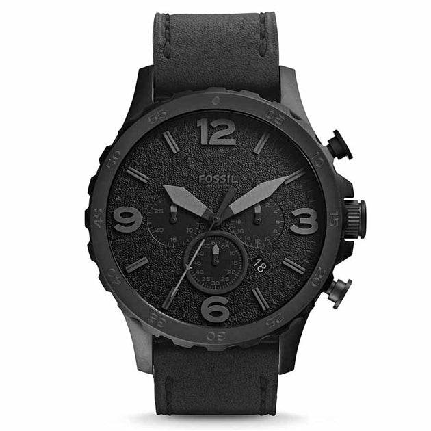 Fossil Nate Chronograph Black Dial Black Leather Strap Watch for Men - JR1354