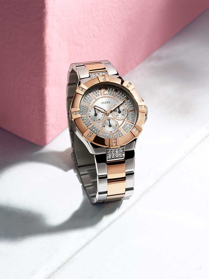 Shop Guess Vista Analog Diamonds Silver Dial Two Tone Steel Strap Watch for Women - W0024L1 in USA