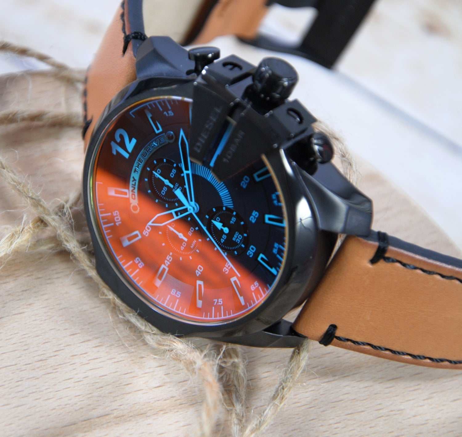Diesel Mega Chief Chronograph Black Dial Brown Leather Strap Watch For Men - DZ4476