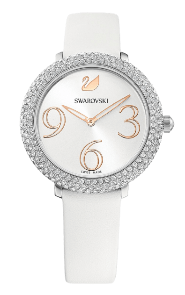 Shop Swarovski Crystal Frost Silver Dial White Leather Strap Watch for Women - 5484070 in USA