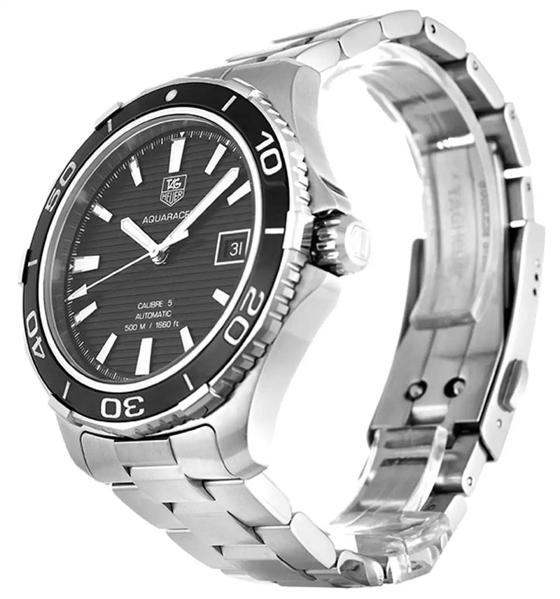 Shop Tag Heuer Aquaracer Caliber 5 Automatic Black Dial Silver Steel Strap Watch for Men - WAK2110.BA0830 in USA