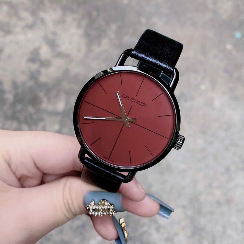 Calvin Klein Even Maroon Dial Black Leather Strap Watch for Men - K7B214CP Buy Now By Calvin Klein
