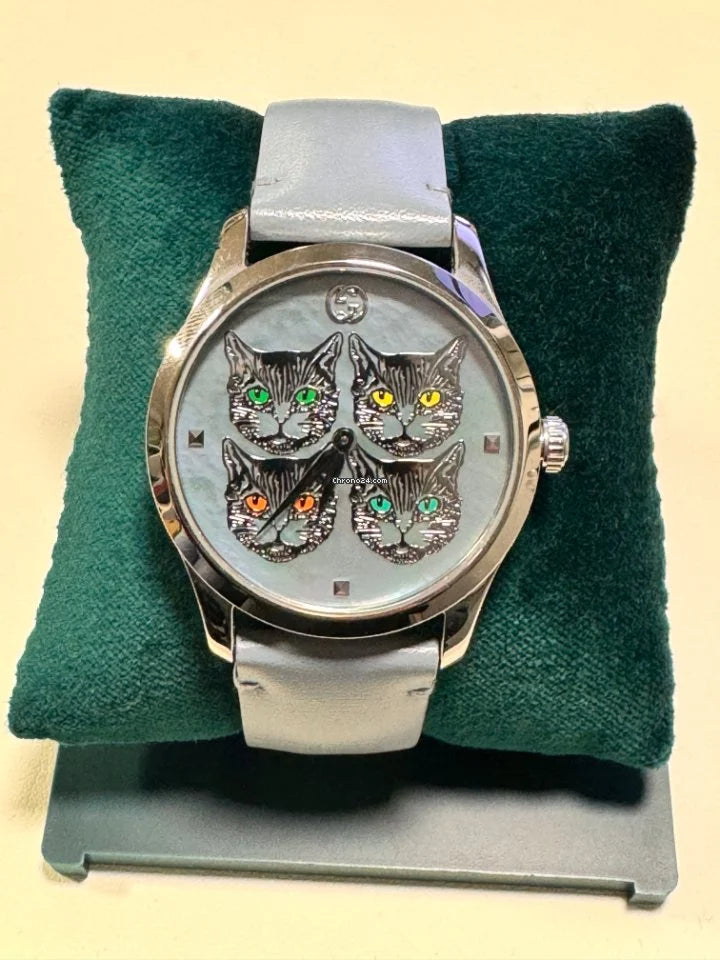 Shop Gucci G Timeless Quartz Mother of Pearl Dial Blue Leather Strap Watch For Women - YA1264124 in USA