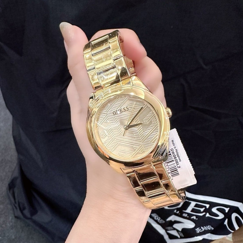 Shop Guess Cubed Analog Gold Dial Gold Steel Strap Watch For Women - GW0606L2 in USA