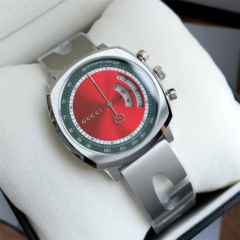 Gucci Grip Quartz Chronograph Red Dial Silver Steel Strap Watch For Men - YA157303 Buy Now By Gucci