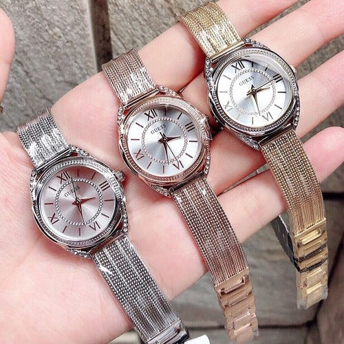 Shop Guess Whisper Silver Dial Rose Gold Mesh Bracelet Watch for Women - W1084L3 in USA