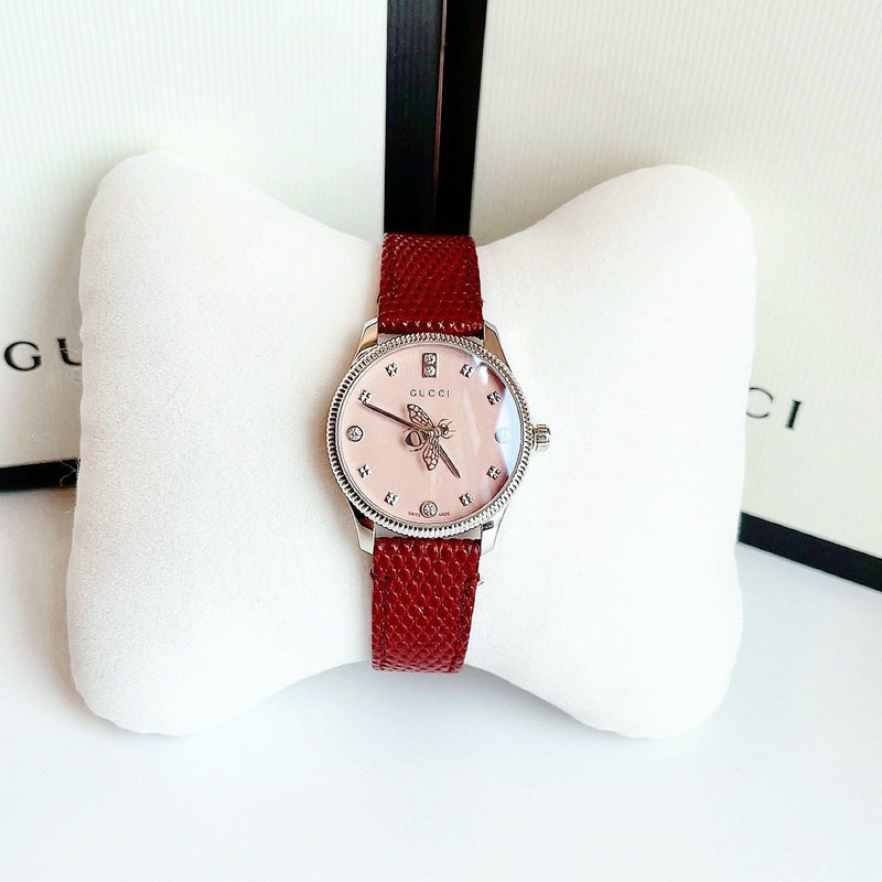 Shop Gucci G Timeless Quartz Diamonds Pink Dial Red Leather Strap Watch For Women - YA1265017 in USA