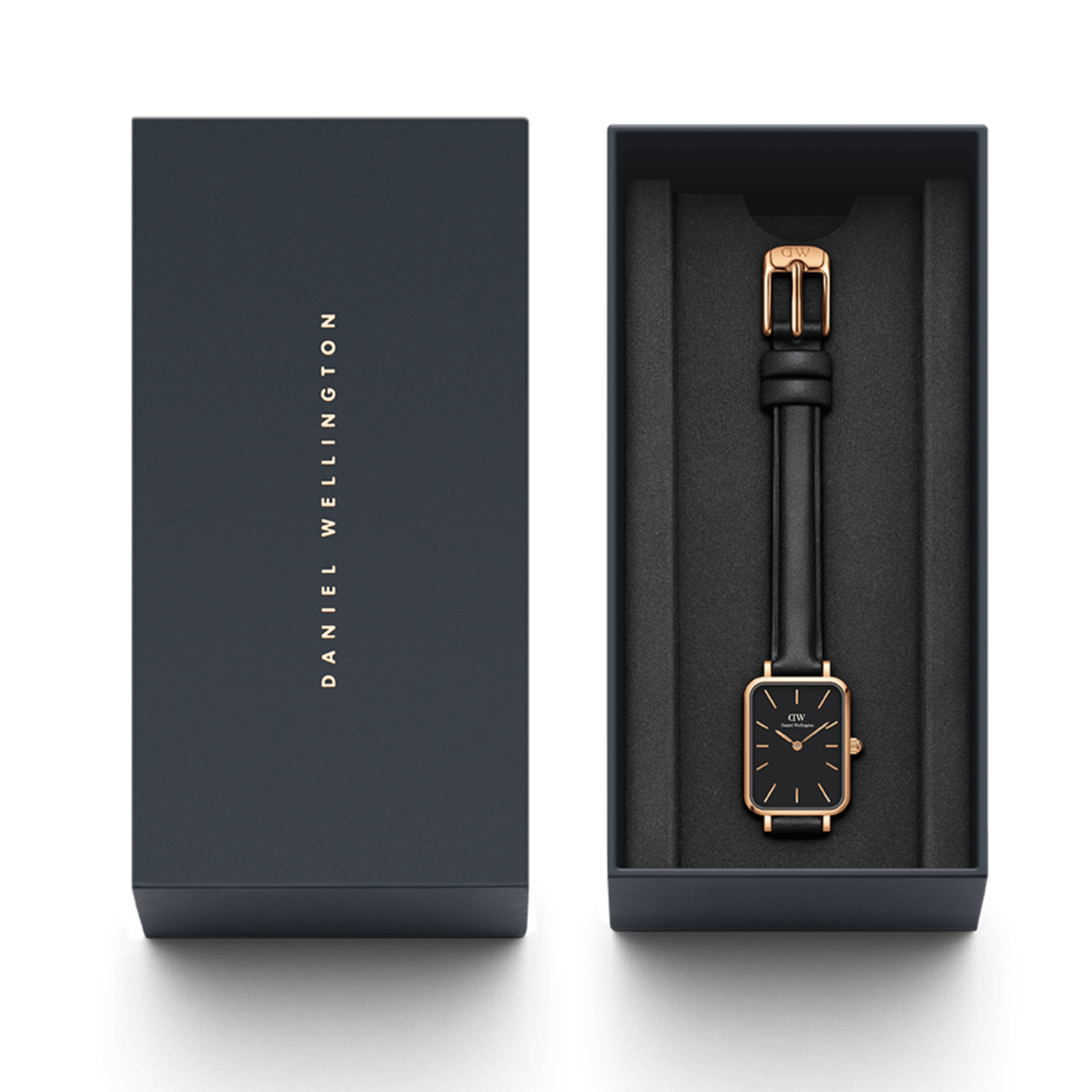 Daniel Wellington Quadro Black Dial Black Leather Strap Watch For Women  - DW00100449