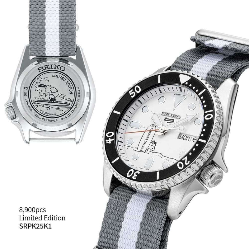 Seiko 5 Sports x Peanuts Surfboard Snoopy Limited Edition White Dial Two Tone NATO Strap Watch For Men - SRPK25K1 Buy Now By Seiko
