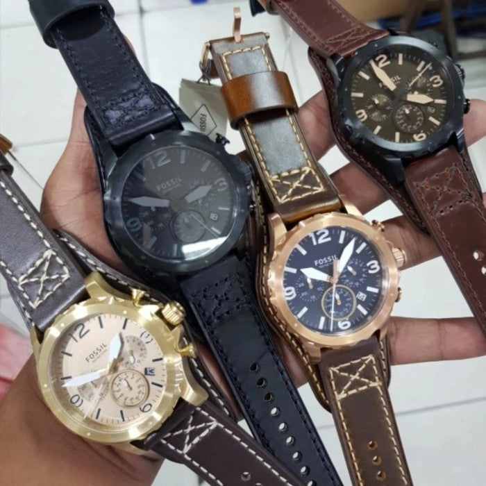 Shop Fossil Nate Chronograph Blue Dial Brown Leather Strap Watch for Men - JR1505 in USA