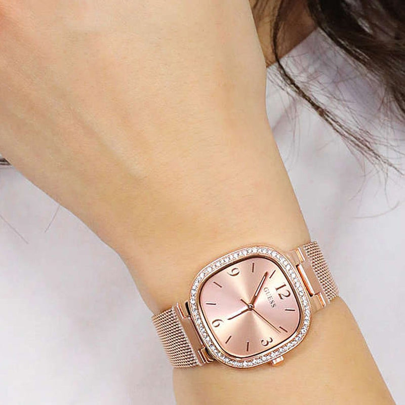 Guess Tapestry Diamonds Rose Gold Dial Rose Gold Mesh Bracelet Watch for Women - GW0354L3 Buy Now By Guess