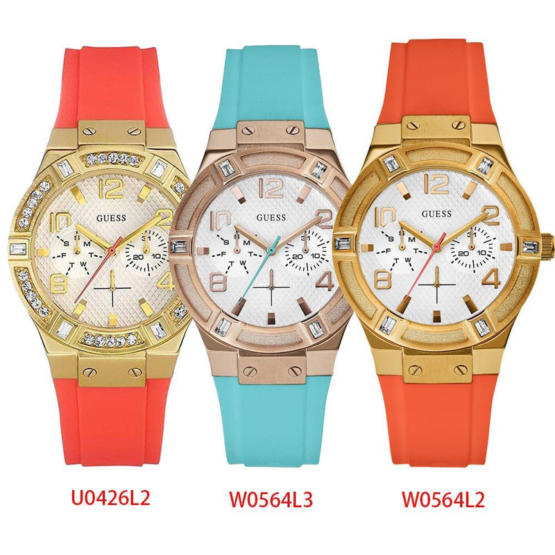 Guess Jet Setter Golden Dial Orange Rubber Watch For Women - W0564L2 Buy Now By Guess