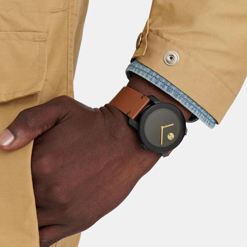 Movado Bold Black Dial Brown Leather Strap Watch For Men - 3600305 Buy Now By Movado
