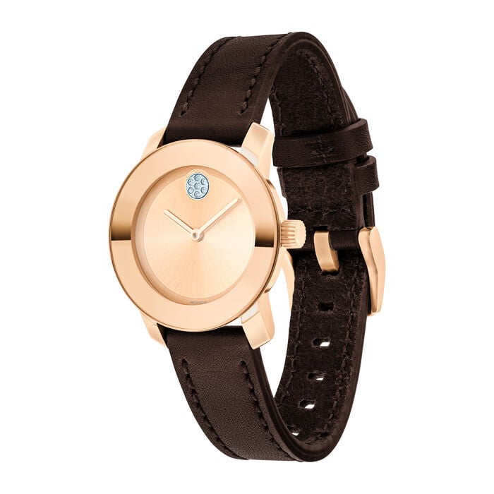 Shop Movado Bold Rose Gold Dial Brown Leather Strap Watch For Women - 3600438 in USA