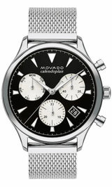 Shop Movado Heritage Calendoplan Chronograph Black Dial Silver Mesh Strap Watch for Men - 3650097 in USA
