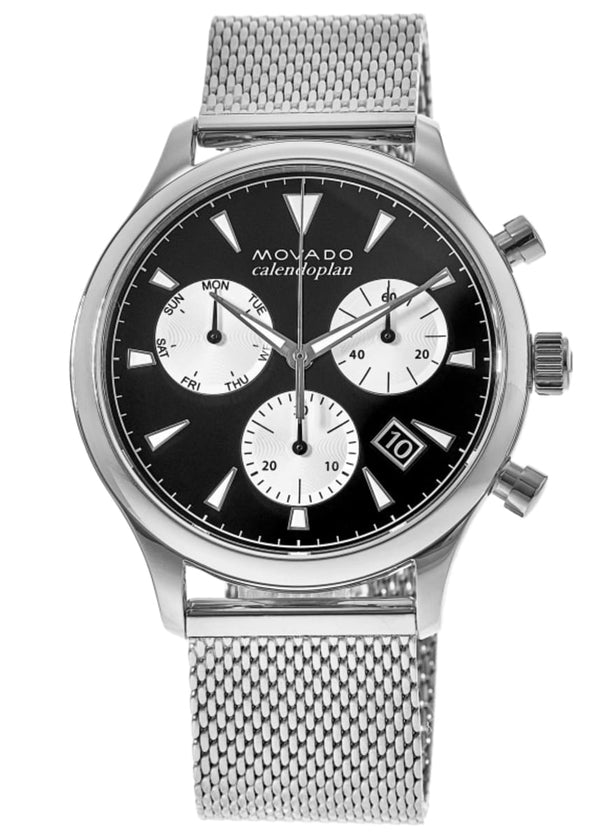 Shop Movado Heritage Calendoplan Chronograph Black Dial Silver Mesh Strap Watch for Men - 3650097 in USA
