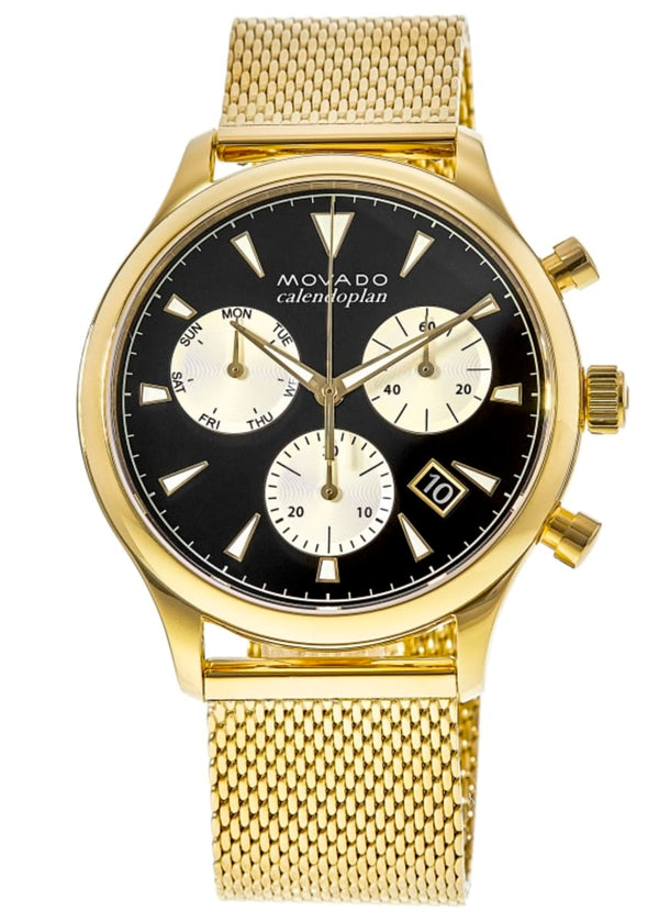 Shop Movado Heritage Calendoplan Chronograph Black Dial Gold Mesh Strap Watch for Men - 3650098 in USA